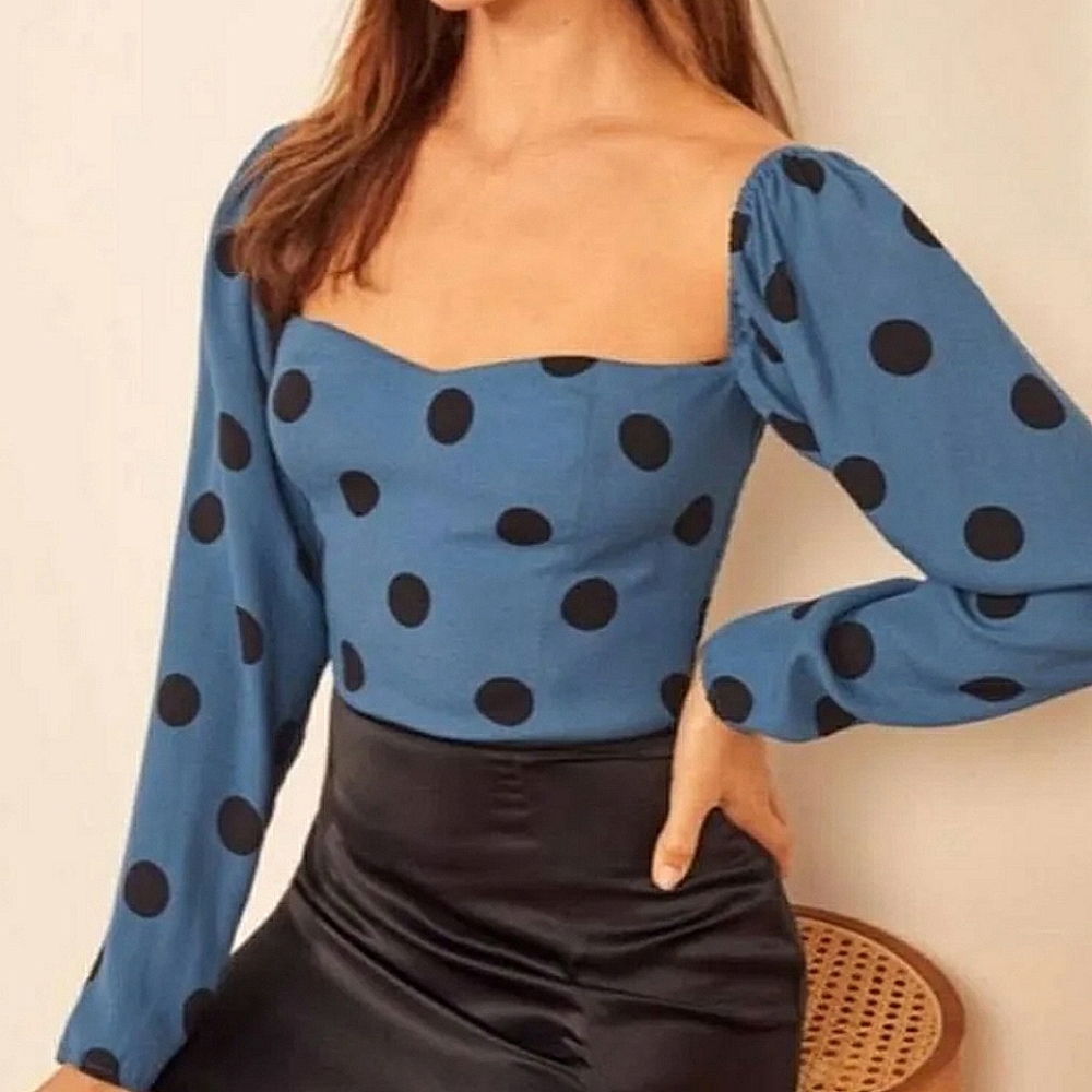 Reformation Marjorie Sweetheart Neck Smocked Blouse Top in Porto Polka Dot